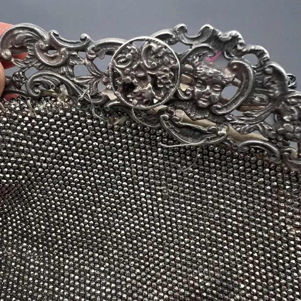 Antique Victorian Cut Steel Beaded sterling Silver Chatelaine Leather Clutch Pu